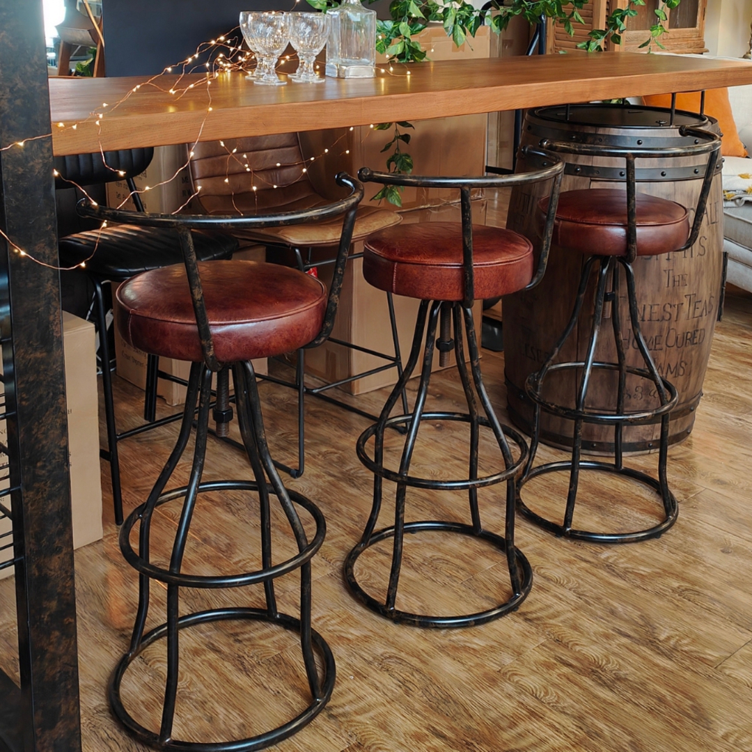 Vintage Industrial Leather Bar Stool with Back image 2